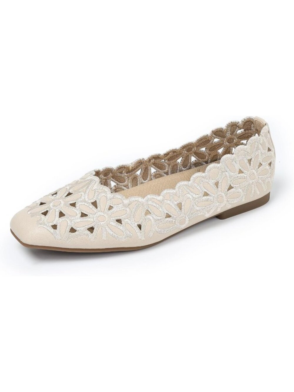 Women's Beige Lacy Square Toe Ballet Flats Comfortable Slip On Work Shoes